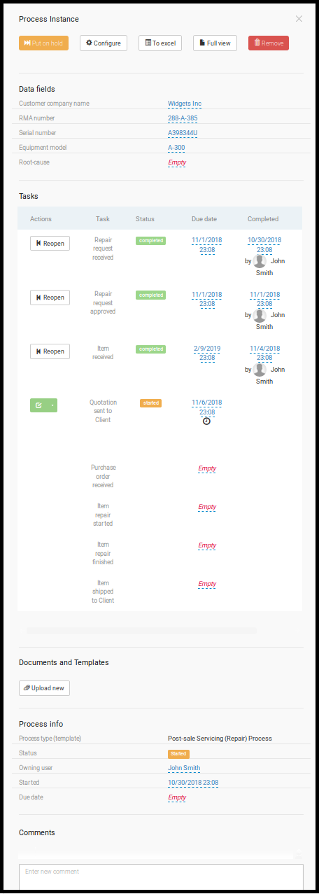 Repair equipment process instance with tasks and data