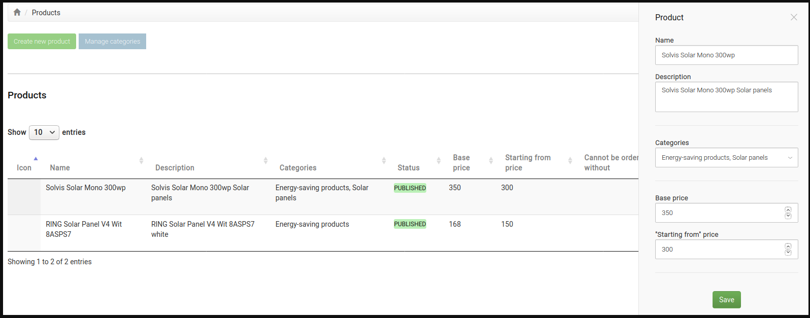 Product catalog screenshots - list of products with their status and properties