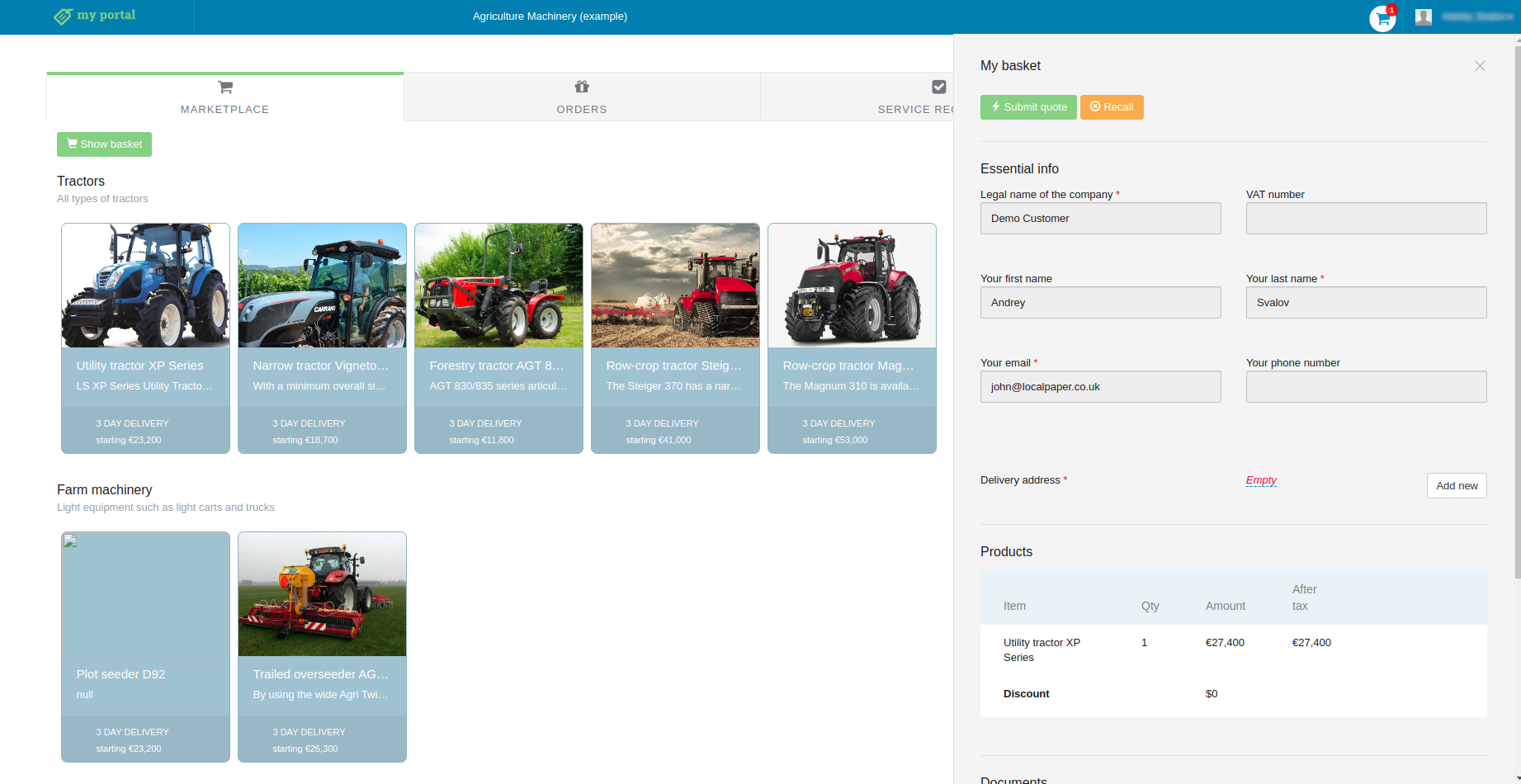 customer portal screenshot for heavy agricultural equipment