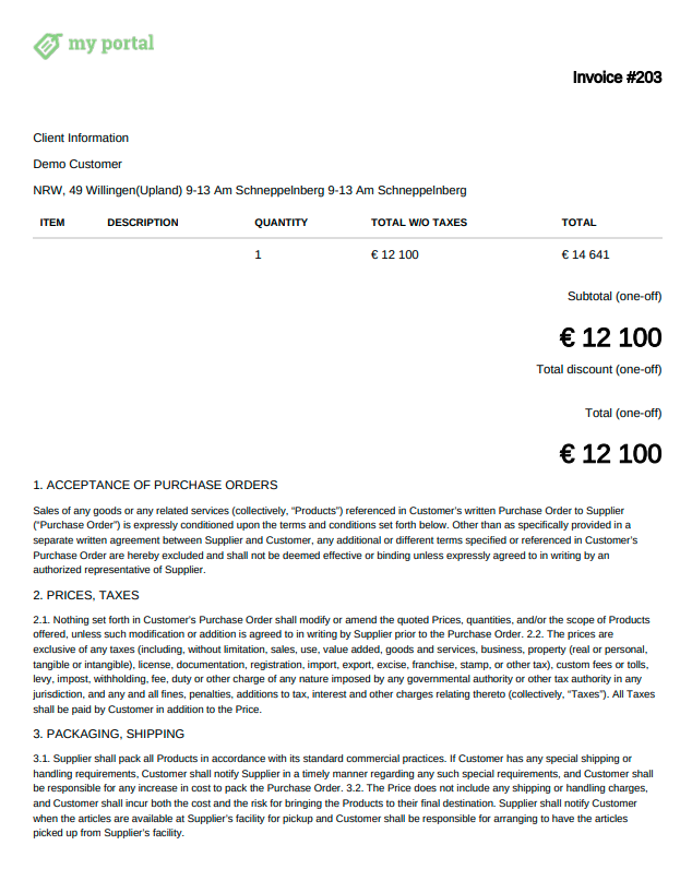 Example of invoice with adjustable customizable format, branding and T&Cs