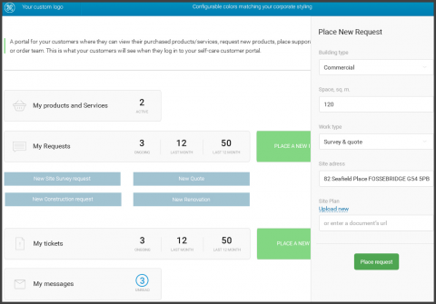 Screenshot: customer self-care portal with existing services, new requests and incidents