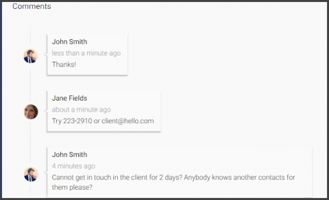 Screenshot: comments by users in the context of a workflow