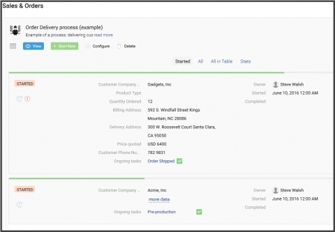 Screenshot: list of process instances - data, tasks