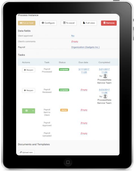 Process instance screenshot: tasks, related data and attached documents