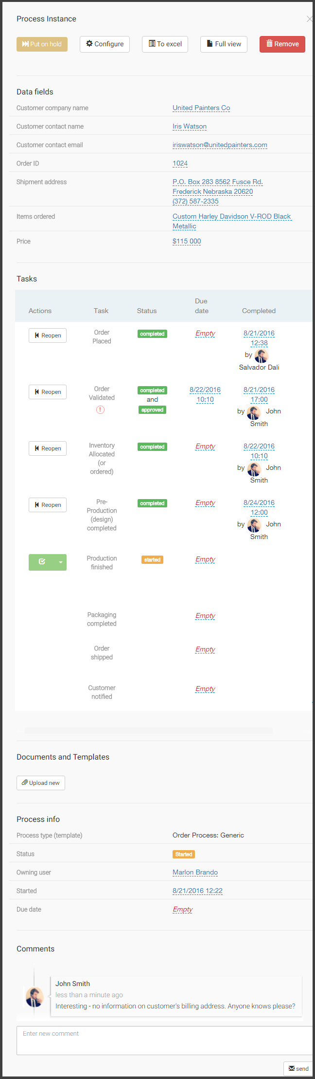 Screenshot: process instance of generic order with data and tasks