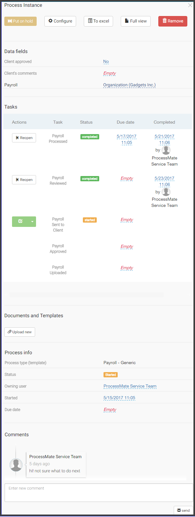 Screenshot: process instance of Payroll worfklow with tasks and data fields