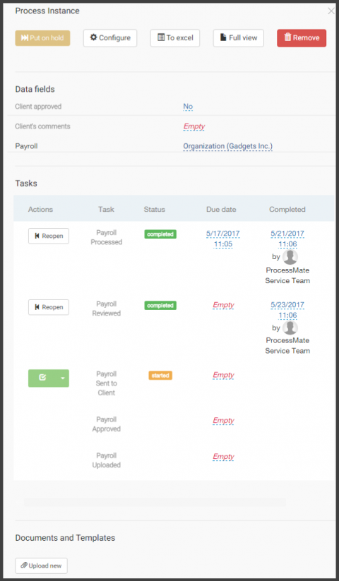 Screenshot: process instance with tasks and data fields