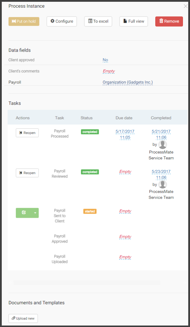 Process instance screenshot: tasks, related data and attached documents