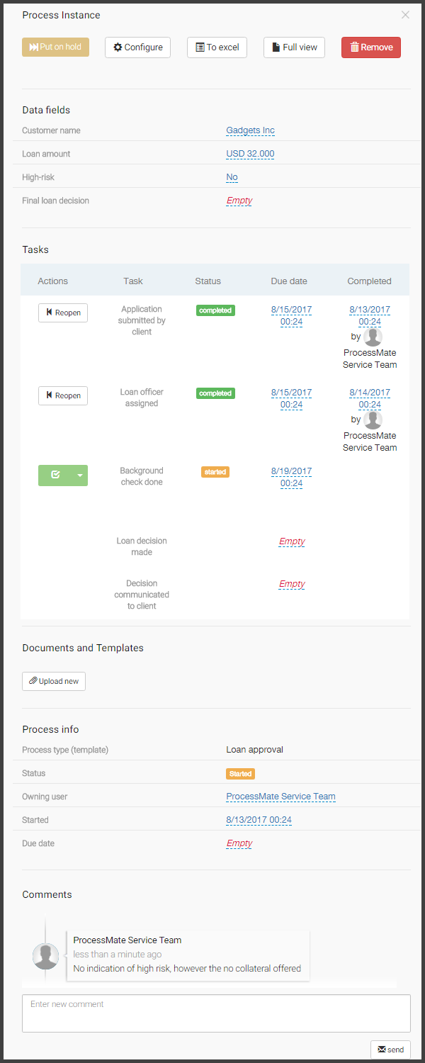 Screenshot: process instance - individual approval workflow with related data and tasks