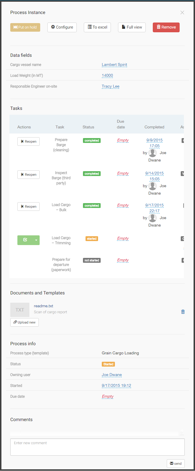 Screenshot: cargo loading workflow instance with data and tasks