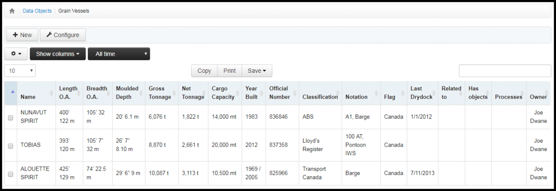 Screenshot: database of cargo vessels