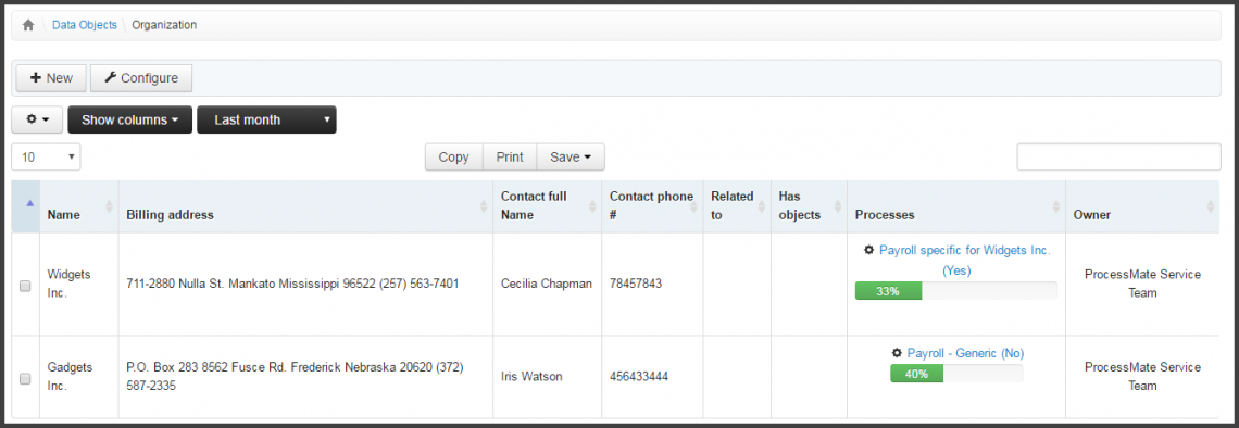 Screenshot: customer list with references to active payroll processes