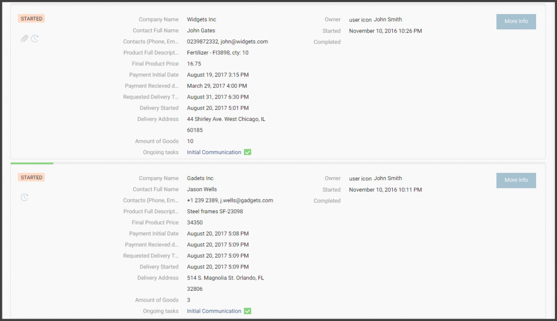 Screenshot: list of manufacturing workflows (orders) with documented data and current pending steps