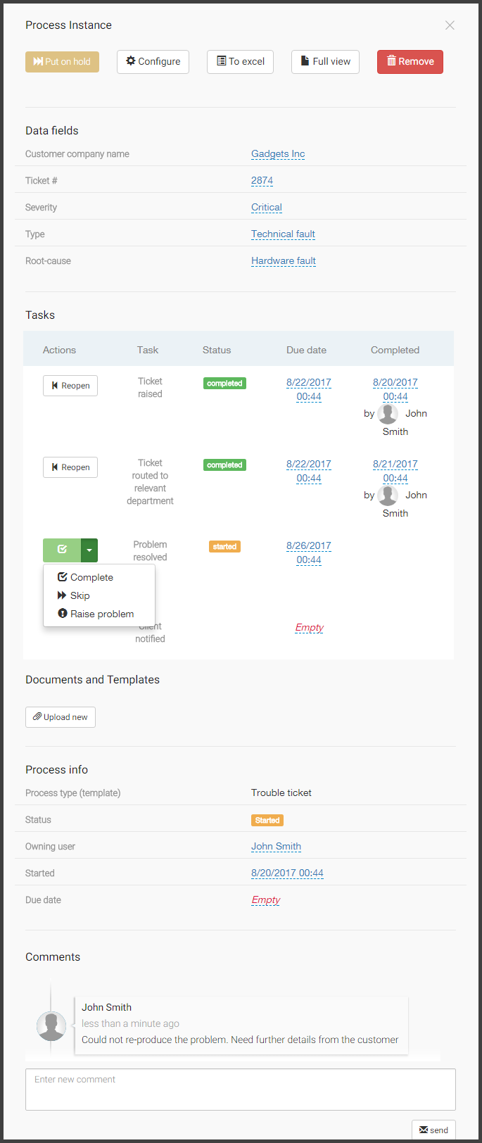 Screenshot: trouble ticketing workflow with tasks and data fields
