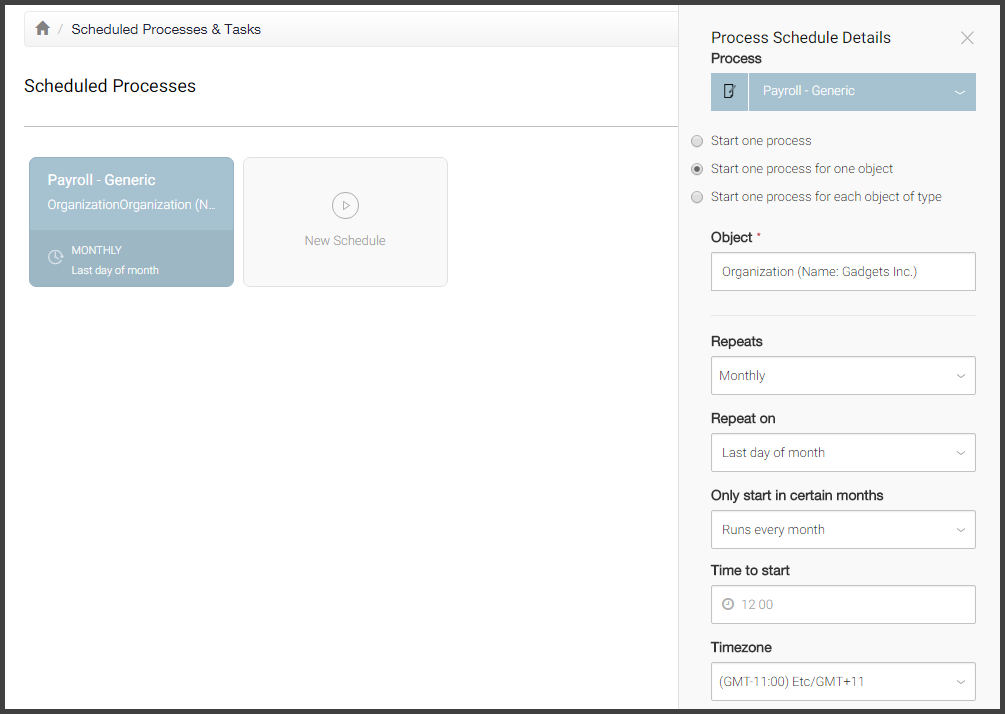 Screenshot: process schedule for automatic initiation of processes