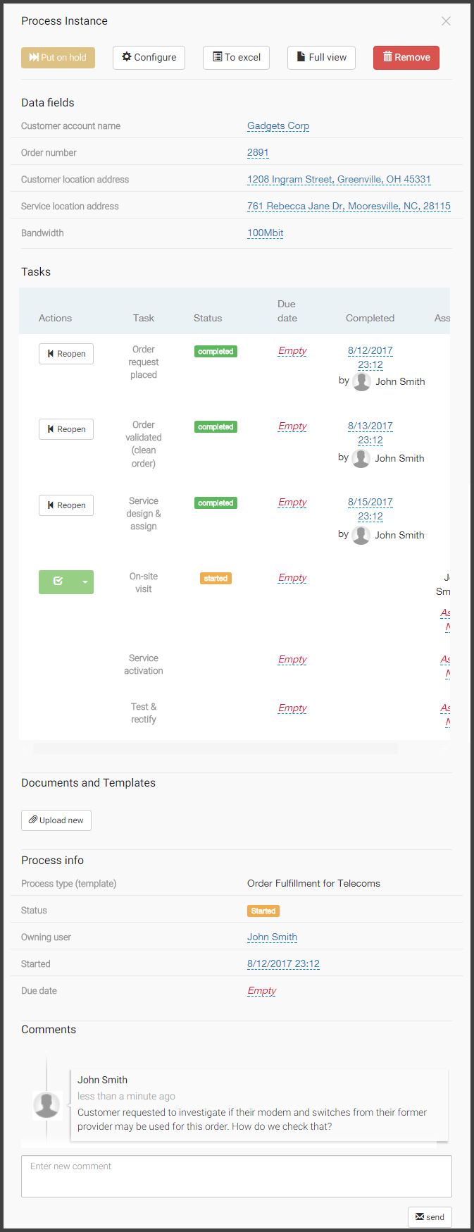 Screenshot: Workflow for Telecom order management - process instance with data and tasks